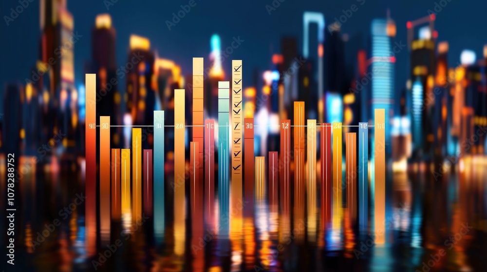 A vibrant city skyline at night, featuring colorful bars representing data or statistics, reflecting off water. A vibrant city skyline at night, featuring colorful bars representing data or statistics, reflecting off water.