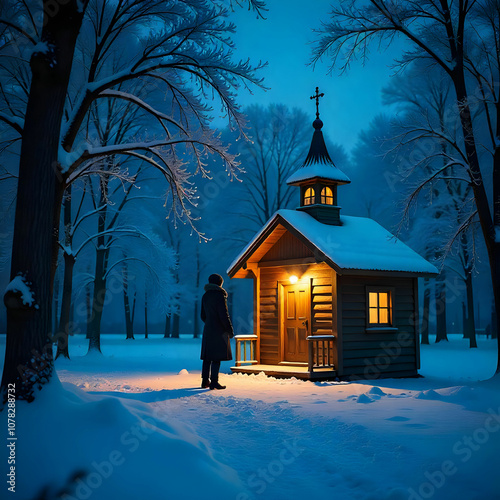 A serene winter night scene with a cozy wooden Orthodox chapel glowing warmly, photo