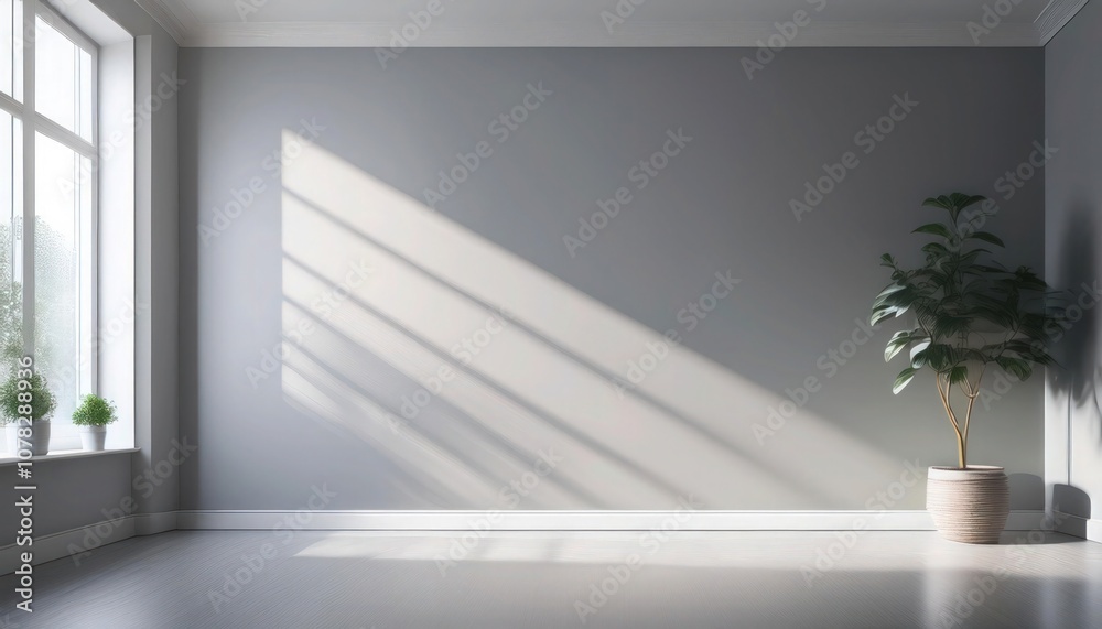 Fototapeta premium Pale gray wall with soft, cool morning light from nearby window.