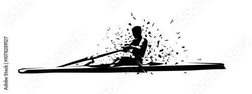 Rowing, distorted isolated vector silhouette, water sport athlete. Outdoor activities, water sports