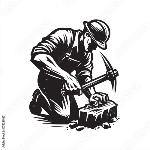 Female Miner at Work: Strength and Skill in the Mines. This striking black and white illustration depicts a female miner kneeling, focused on her work.