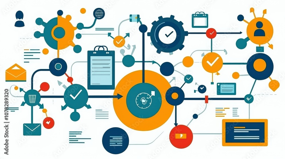 Abstract illustration depicting interconnected technology systems with gears, icons, and data flow representing automation and digital processes. Abstract illustration depicting interconnected technology systems with gears, icons, and data flow representing automation and digital processes.