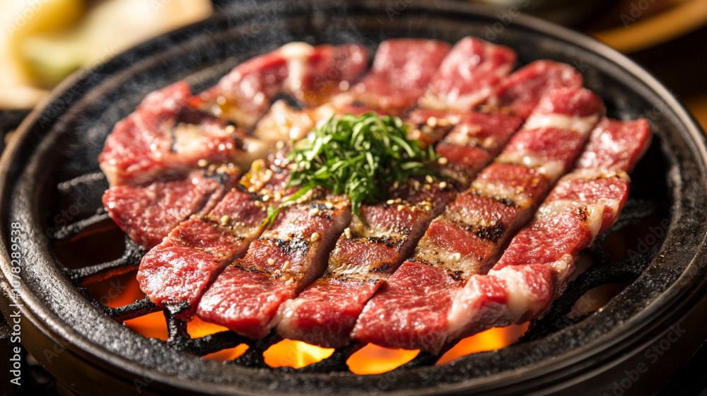 Grilled marbled beef slices on a hot barbecue with garnishing and a touch of seasoning, showing succulent texture and smoky flavor, ideal for yakiniku or Korean BBQ Grilled marbled beef slices on a hot barbecue with garnishing and a touch of seasoning, showing succulent texture and smoky flavor, ideal for yakiniku or Korean BBQ