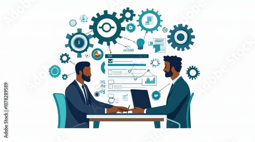 Two business professionals discuss data analysis, surrounded by gears and analytics symbols, highlighting collaboration and technology in a modern office setting. photo