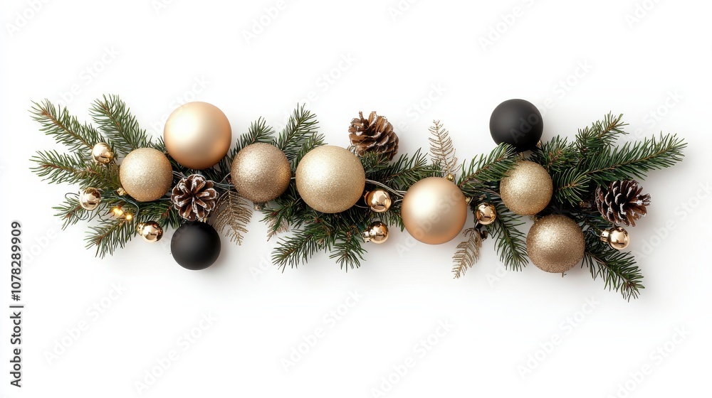 Beautiful Christmas-themed flat lay with a natural fir branch border and gold baubles on a white background, accented with holiday lights