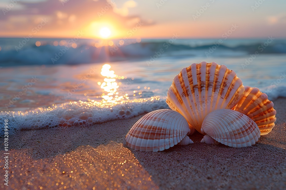 Seaside Serenity: Shells on Sandy Shore at Sunset for Relaxation Prints Seaside Serenity: Shells on Sandy Shore at Sunset for Relaxation Prints