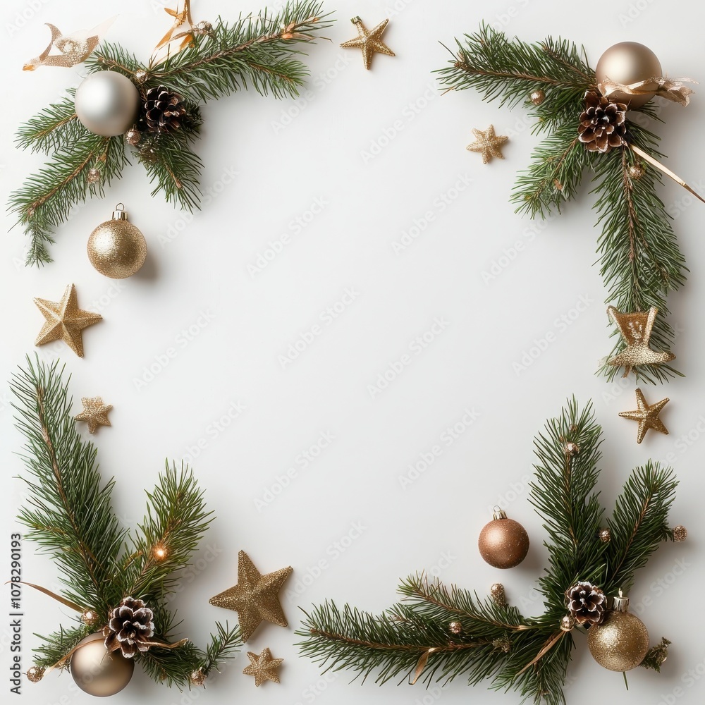 Elegant Christmas flat lay, featuring a frame of green pine branches with gold ornaments, stars, and festive bows on a white background Elegant Christmas flat lay, featuring a frame of green pine branches with gold ornaments, stars, and festive bows on a white background
