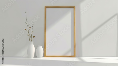 Wooden Frame on Minimalist White Wall - an elegant and modern visual. The minimalist white wall and wooden frame create a sleek and stylish scene.
