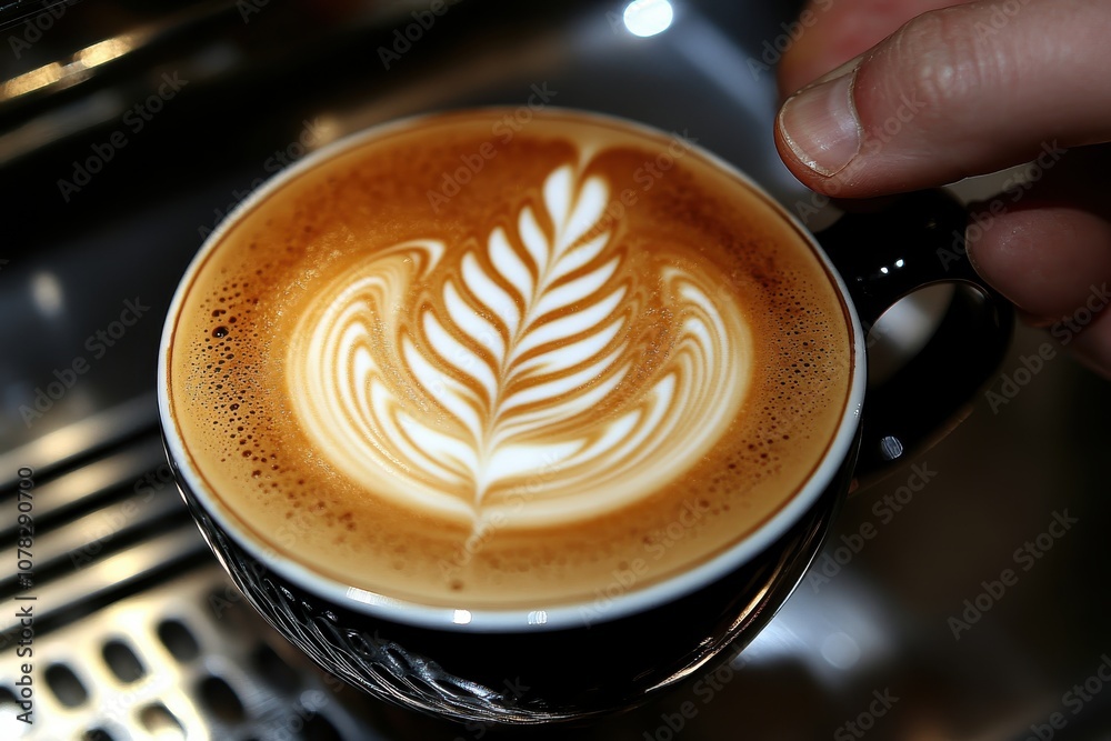 Macro photo of a barista s hand crafting latte art Macro photo of a barista s hand crafting latte art