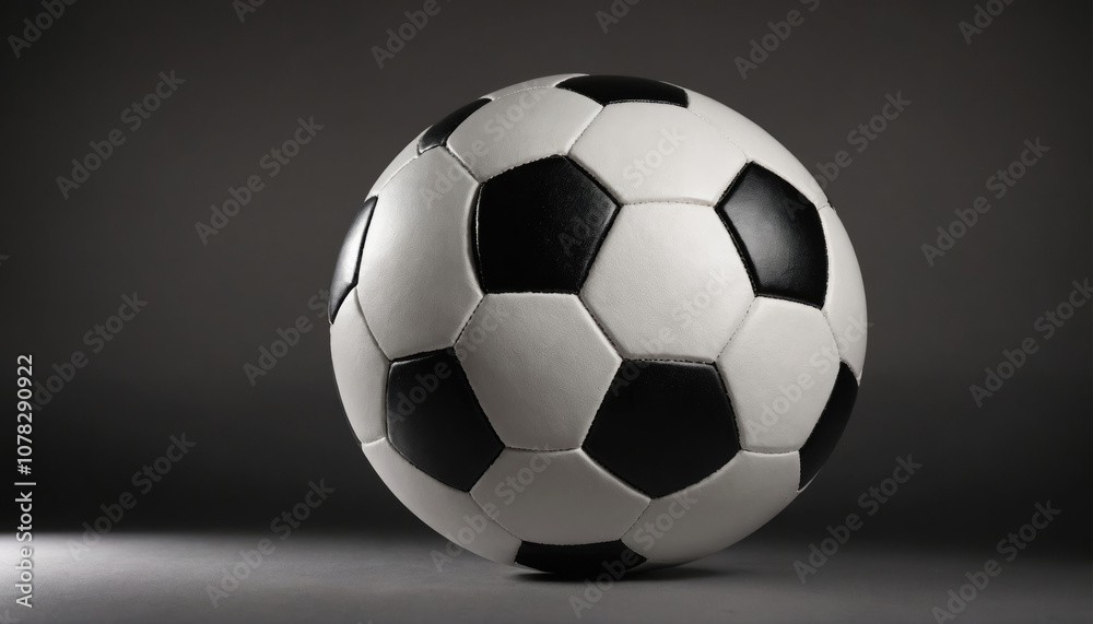 Obraz premium A soccer ball sits on a gray surface in front of a dark gray background