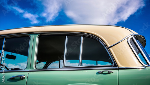 Vintage car with a two-tone paint under a vibrant blue sky