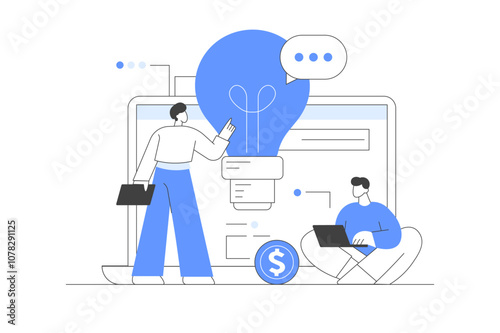 Creative characters and their business activity. People generating new ideas. Teamwork of people working on a laptop with a light bulb idea on the screen.  Flat Cartoon Vector Illustration, icon