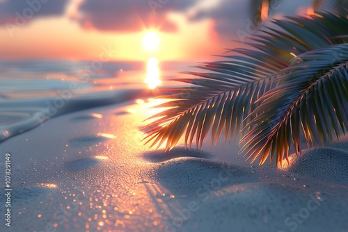 Tropical Sunset Beach with Palm Leaves and Sparkling Waves for Summer Getaway Designs photo