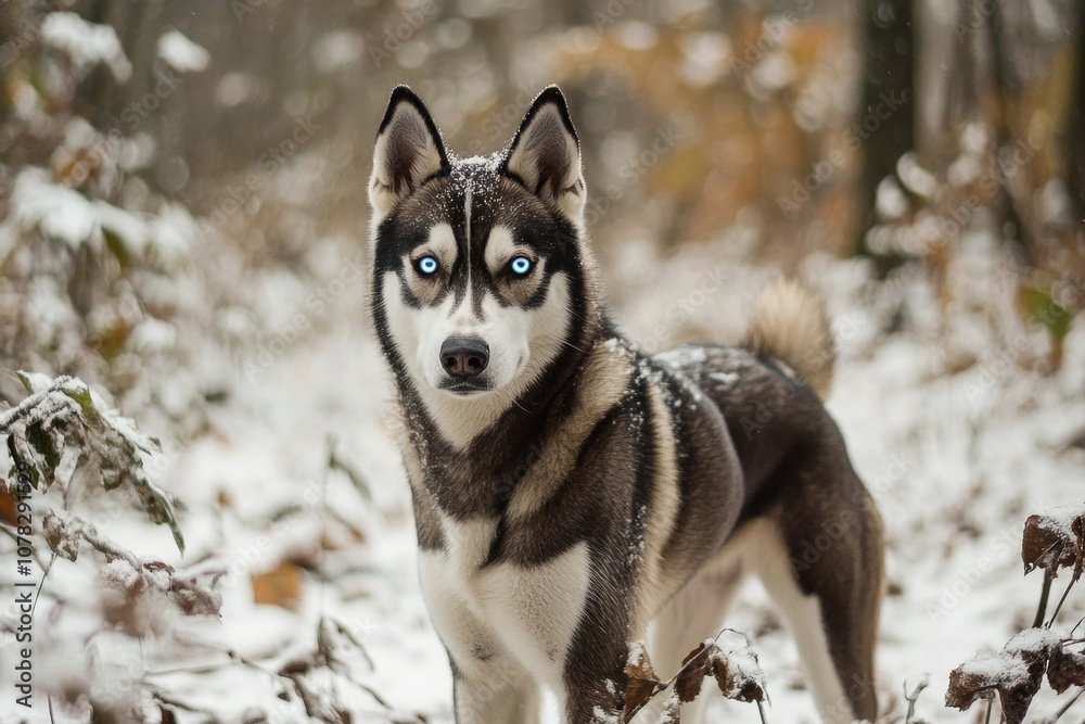 Siberian husky in snowy forest with stunning blue eyes and winter foliage Siberian husky in snowy forest with stunning blue eyes and winter foliage