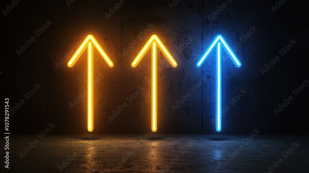 Three neon arrows illuminated in yellow and blue against a black backdrop, creating a striking image of progress and movement upwards Three neon arrows illuminated in yellow and blue against a black backdrop, creating a striking image of progress and movement upwards
