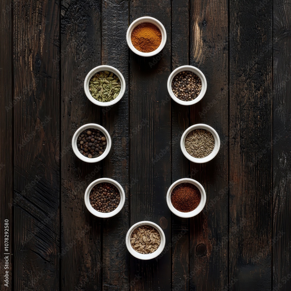 An Aerial View of Various Spices in Round Bowls Arranged on a Dark Wooden Surface, Highlighting Rich Textures and Natural Colors of Ingredients