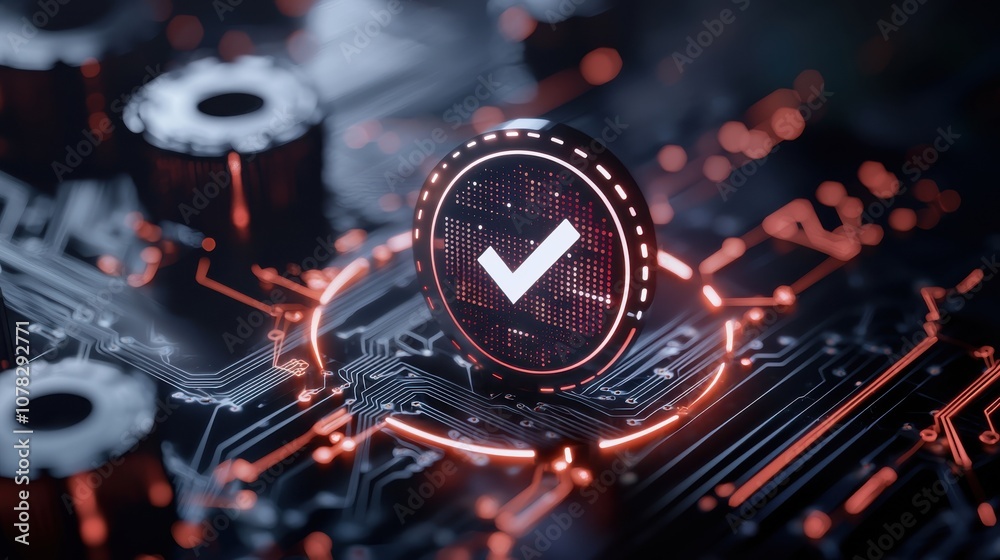 3D-rendered checkmark icon highlighted within a complex network, symbolizing validated connections in an interconnected digital system