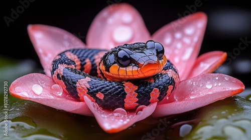 Vibrant Red and Black Snake Coiled on Blooming Pink Lotus Flower with Dew Drops photo