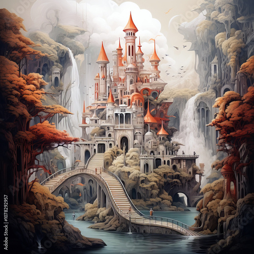 A majestic fairytale castle with red pointed roofs sits among lush cliffs and cascading waterfalls, connected by a graceful arched bridge over tranquil waters. photo