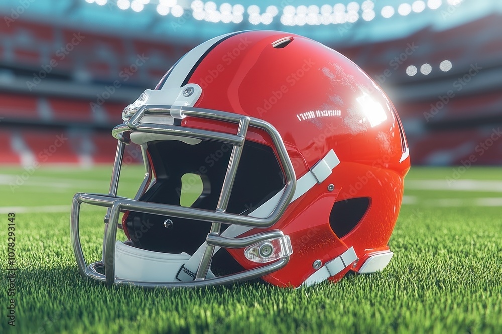 A red and white American football helmet sits on a green field in a stadium.