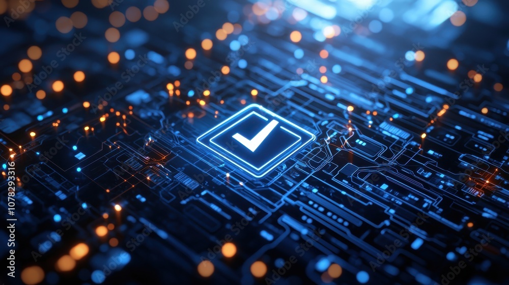Fototapeta premium Illuminated checkmark symbol within a network of blue digital nodes, capturing the essence of secure verification and approval in technology.