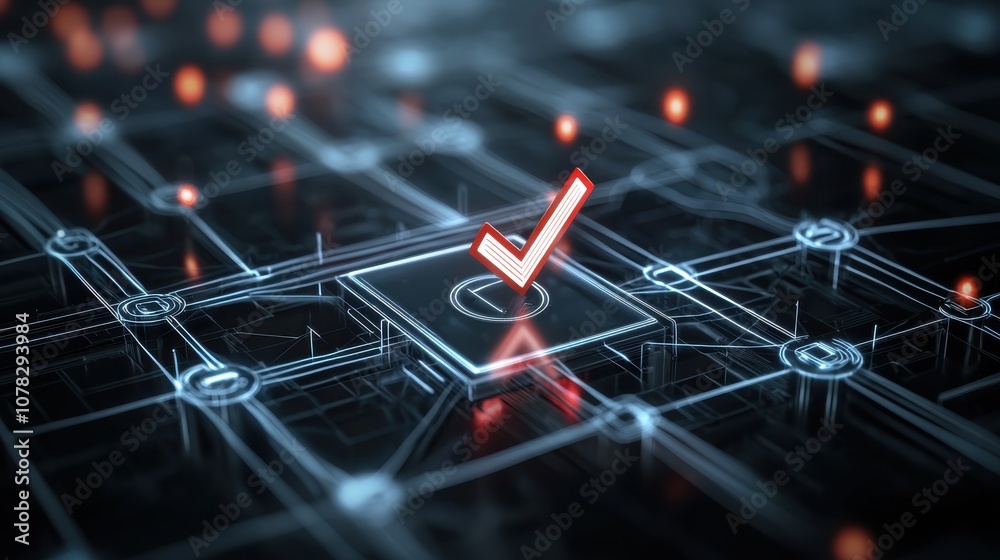 Graphic representation of a checkmark icon overlaid on a network grid, symbolizing approval and validation in a connected digital ecosystem Graphic representation of a checkmark icon overlaid on a network grid, symbolizing approval and validation in a connected digital ecosystem