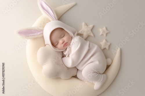 Newborn baby cosplays as a rabbit sleeping on a moon pillow photo