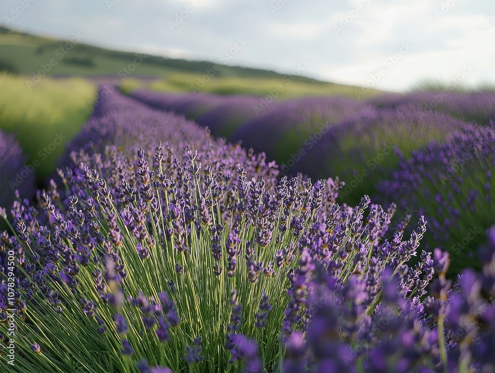 Obraz premium Beautiful Lavender Field with Vibrant Purple Flowers Under Clear Sky and Gentle Hills in Background Creating a Serene and Peaceful Ambiance