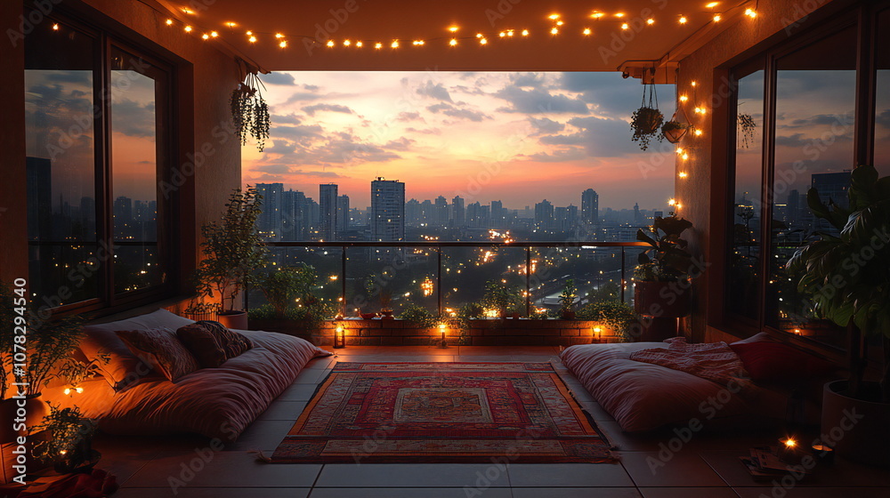 Obraz premium A cozy balcony with pillows and a rug overlooking a city skyline at sunset, adorned with string lights and candles.