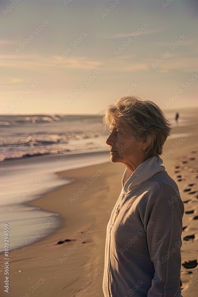 A woman gazing thoughtfully at the ocean waves during a serene sunset on a tranquil beach A woman gazing thoughtfully at the ocean waves during a serene sunset on a tranquil beach