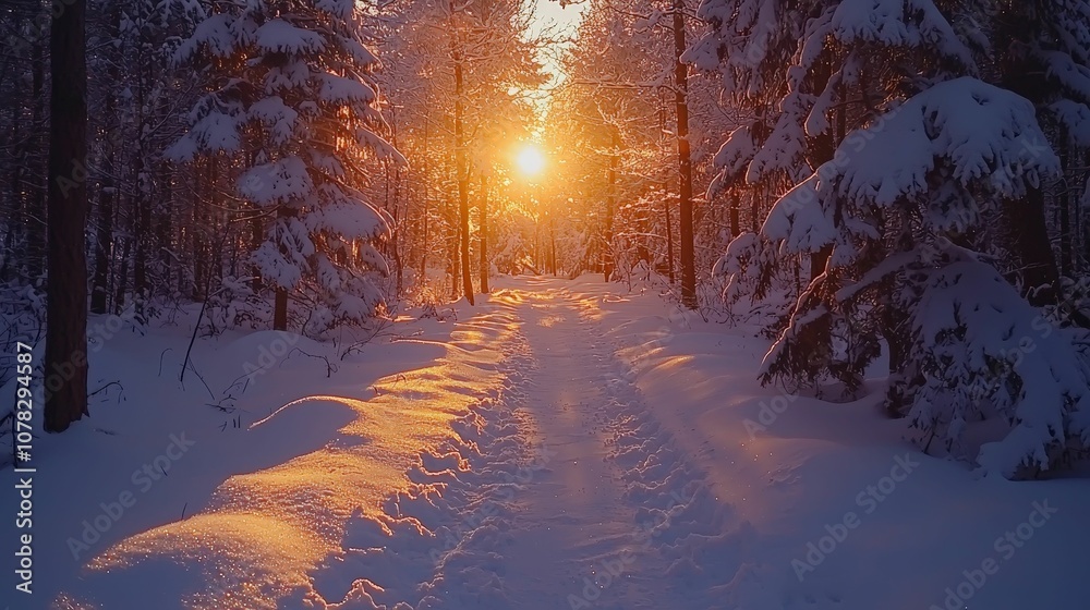 A serene snowy forest path illuminated by a warm sunset, creating a tranquil atmosphere with glistening snowflakes amidst the trees. A serene snowy forest path illuminated by a warm sunset, creating a tranquil atmosphere with glistening snowflakes amidst the trees.