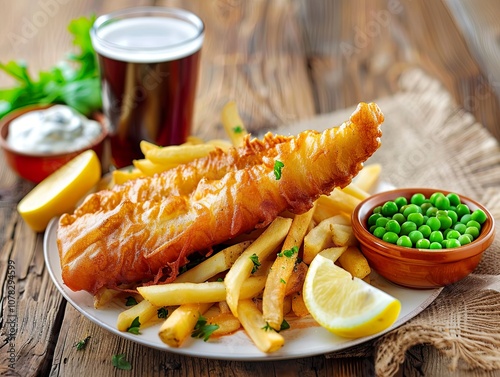 A classic plate of fish and chips served with peas and a cold beverage, garnished with fresh lemon, on a rustic wooden table