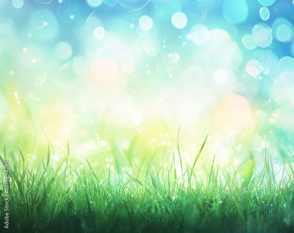 Abstract spring background with blurred sun rays and bokeh on a green grass meadow, against a blue sky with clouds. Abstract spring background with blurred sun rays and bokeh on a green grass meadow, against a blue sky with clouds.