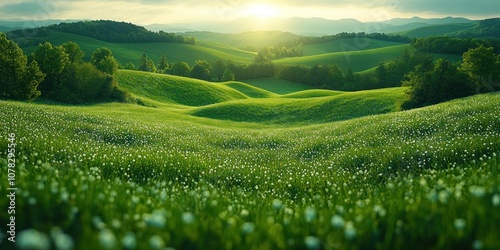 Rolling hills with green grass and white flowers under a sunset sky.