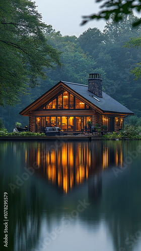 A cozy cabin nestled in the woods, illuminated by warm lights, reflects in the still water of a lake. The serene setting evokes a sense of peace and tranquility.