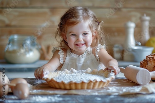 Child Baking. Little Girl Rolling Pastry for Tart with Rolling Pin