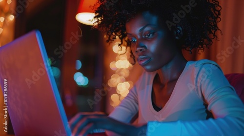 Computer Form. African American Woman Working on Laptop for Online Banking and Web Log