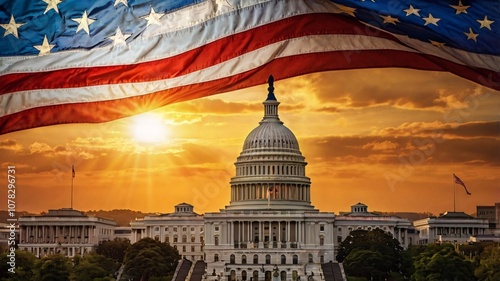Patriotic Sunset Over the Capitol Building, Washington D.C., with the American Flag Billowing Against Majestic Neoclassical Architecture V1