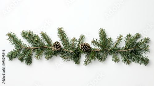 Straight arrangement of a Christmas pine garland with natural fir branches against a white background, capturing a festive, minimalist feel