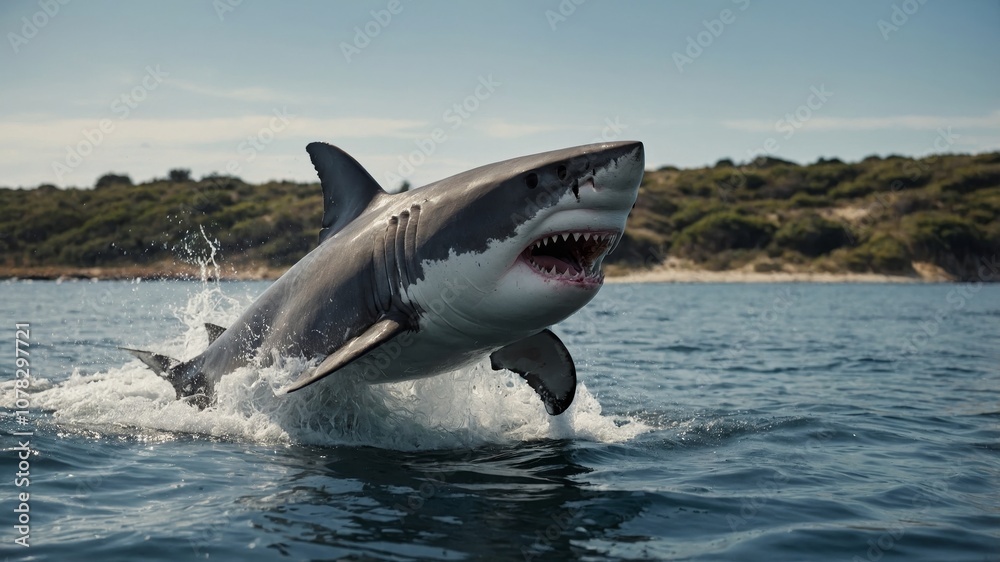 Naklejka premium Great white shark leaping from water with open jaws