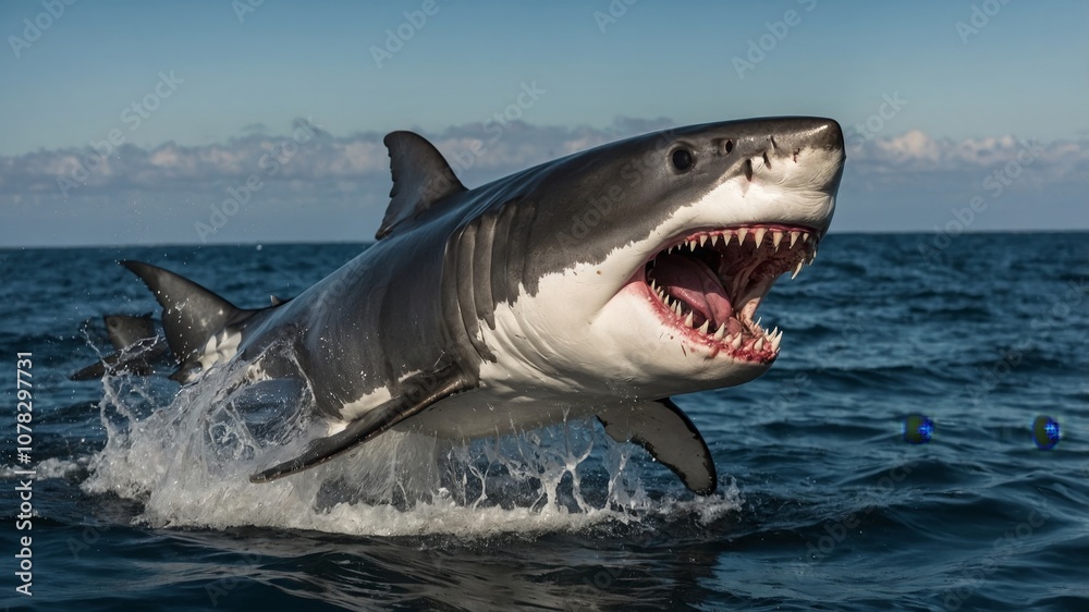 Fototapeta premium Great white shark leaping from water with open jaws