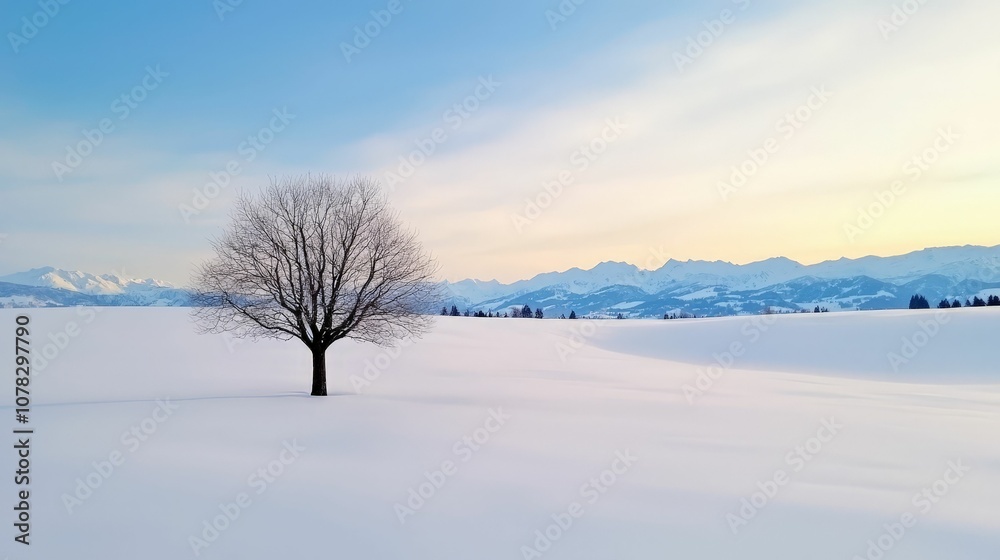 A solitary tree stands in a snowy landscape, with mountains in the distance under a soft, colorful sky. A solitary tree stands in a snowy landscape, with mountains in the distance under a soft, colorful sky.