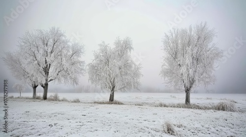 Wallpaper Mural Three frost-covered trees stand in a serene winter landscape, enveloped in fog and snow, creating a tranquil and picturesque scene. Torontodigital.ca