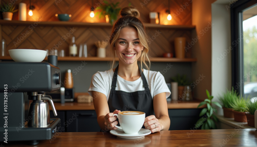 Smiling Barista Serving Latte in a Cozy Cafe Smiling Barista Serving Latte in a Cozy Cafe