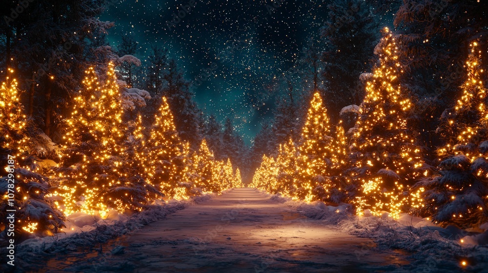 A magical winter pathway lined with illuminated Christmas trees, under a starry night sky, creating a serene holiday atmosphere.