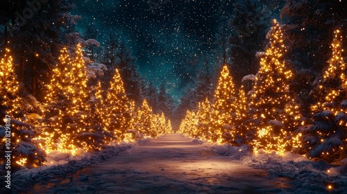 A magical winter pathway lined with illuminated Christmas trees, under a starry night sky, creating a serene holiday atmosphere.