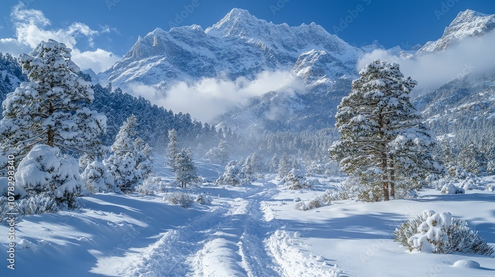 A serene winter landscape featuring snow-covered mountains, trees, and a clear blue sky, creating a peaceful and picturesque scene. A serene winter landscape featuring snow-covered mountains, trees, and a clear blue sky, creating a peaceful and picturesque scene.