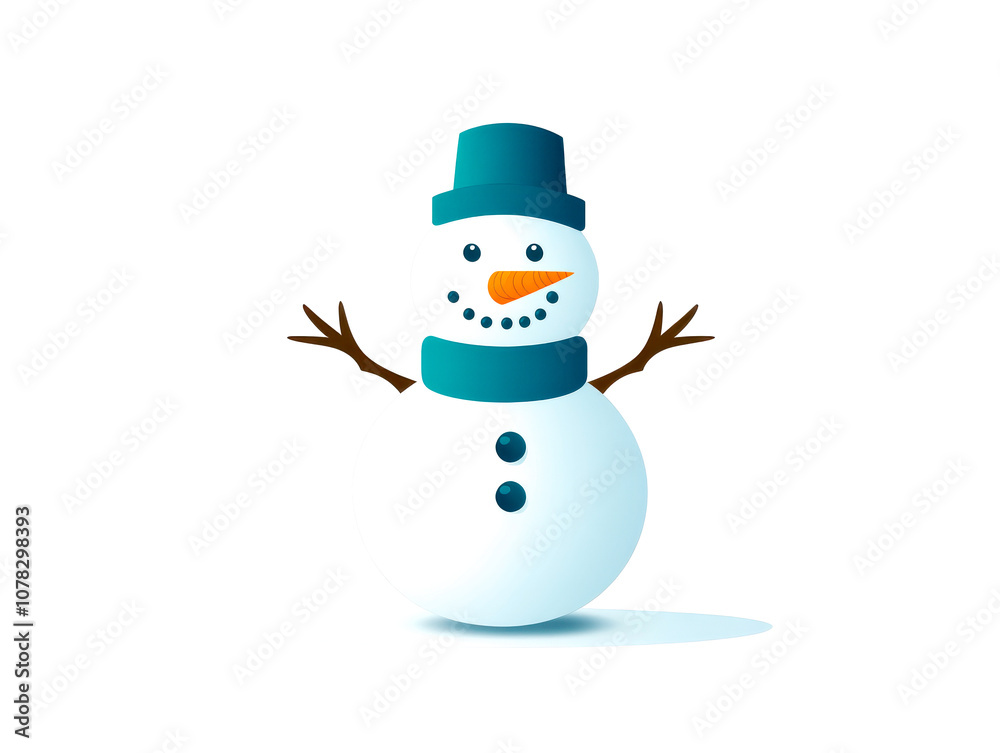 A cheerful snowman with a blue hat and scarf, smiling with stick arms, captures the fun of winter and festive spirit.