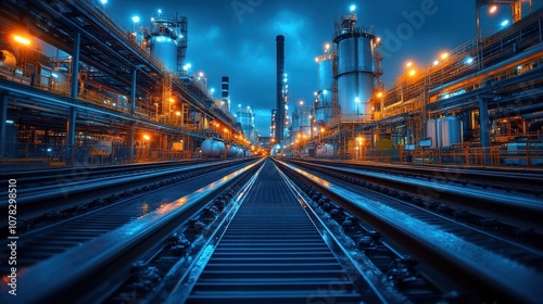 Industrial landscape with railway tracks leading to factories at dusk.