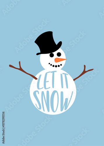 Logo snowman. Banner con texto Let it Snow en muñeco de nieve con sombrero y nariz de zanahoria